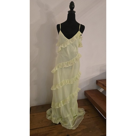 Nasty Gal Ruffle Chiffon Long Dress SZ 10 Yellow Lime Fairycore Retail $165 - Picture 3 of 15